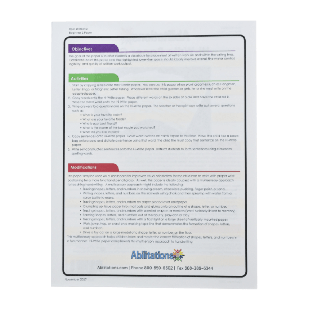 Abilitations Hi-Write Beginner Paper – Level 1 | 100 Sheets for Writing Improvement; Letter Placement