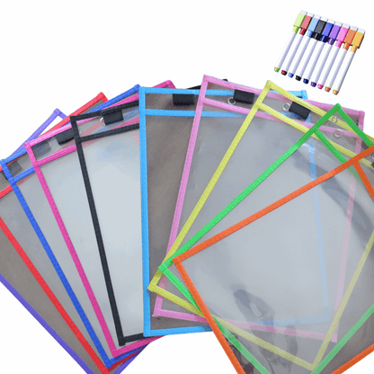 Colorful Reusable Dry-Erase Pockets with Markers Set