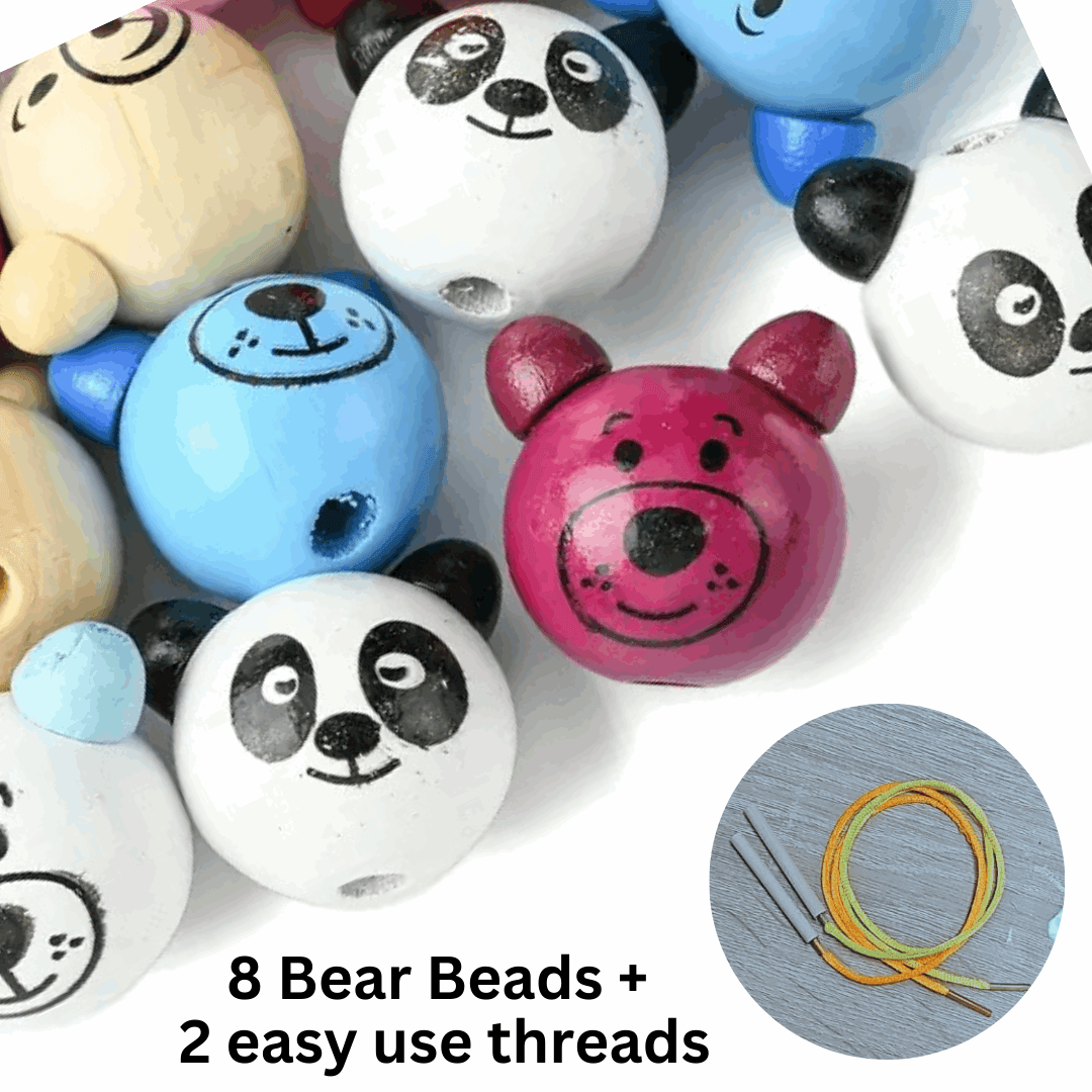 Bear-y Fun Bead Set – 8 Bear Beads with 2 Easy-Use Threads for Fine Motor Skills & Creative Play