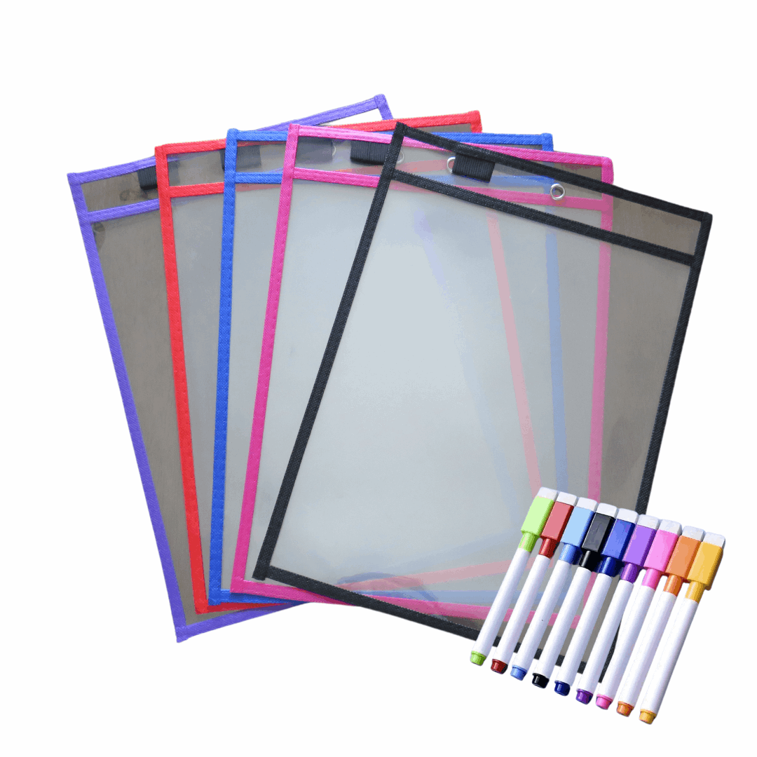 Colorful Reusable Dry-Erase Pockets with Markers Set