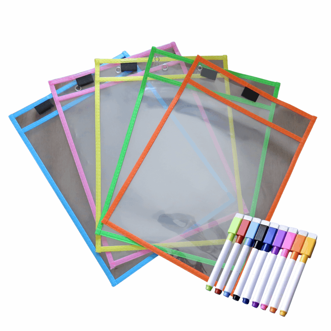 Colorful Reusable Dry-Erase Pockets with Markers Set